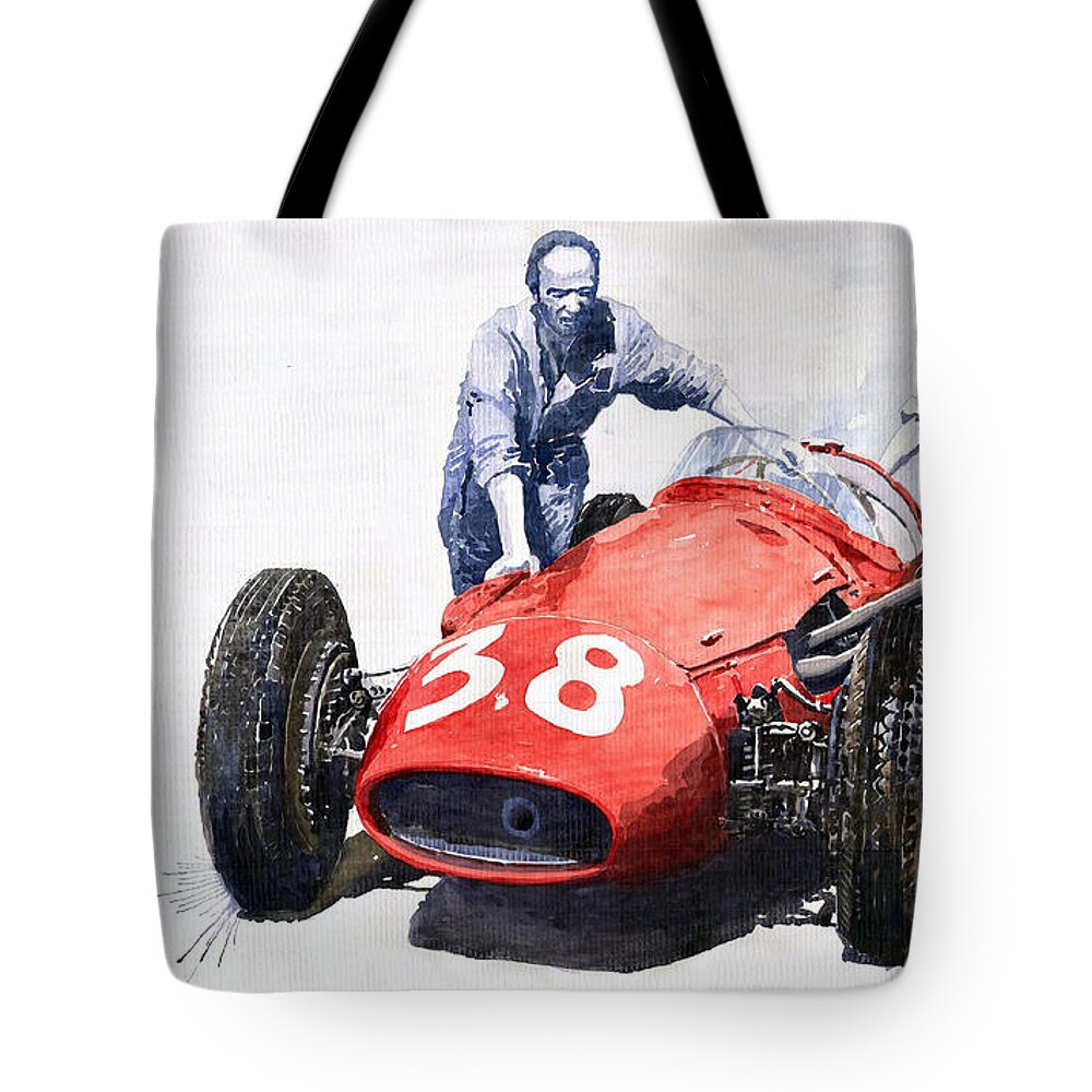 Watercolour Tote Bag featuring the painting Ready for racing Maserati 250 F by Yuriy Shevchuk