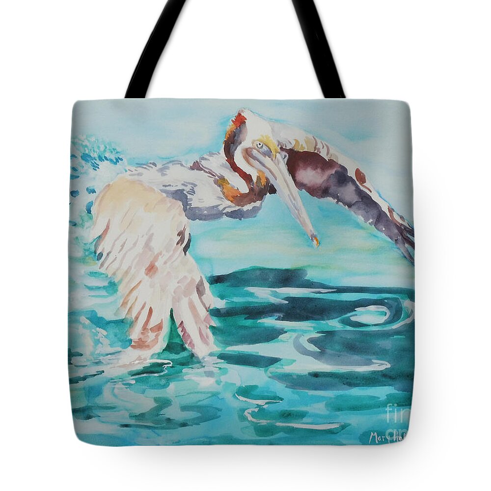 Pelican Tote Bag featuring the painting Ready to take off by Mary Haley-Rocks