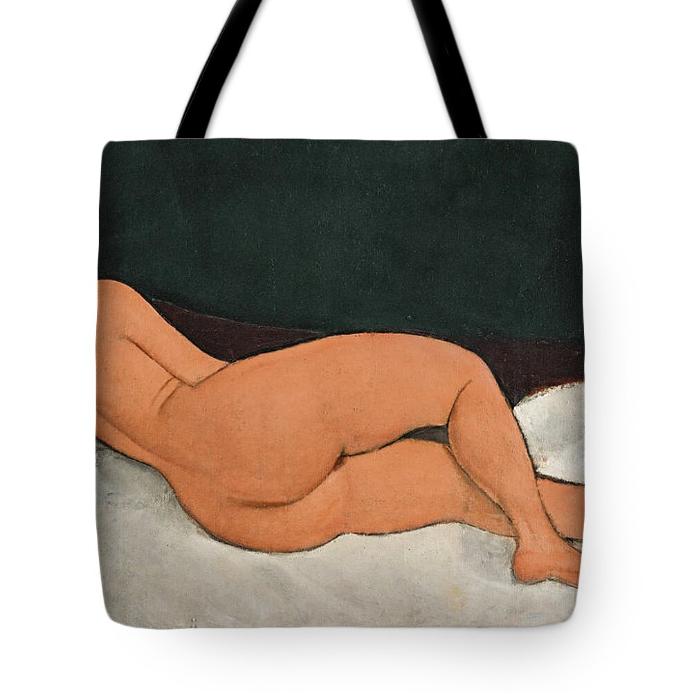 Amedeo Modigliani Tote Bag featuring the painting Reclining Nude on the left side by Amedeo Modigliani