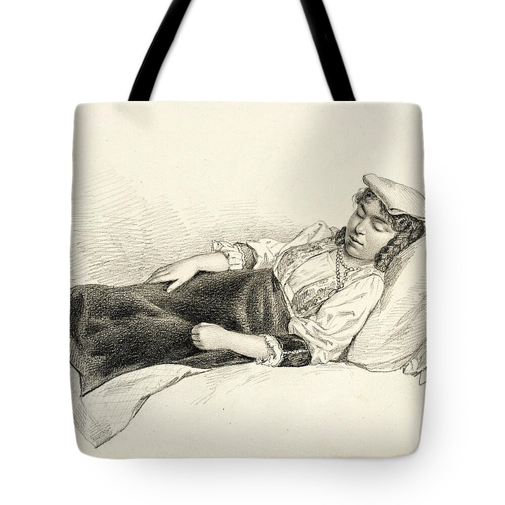 Arthur Nahl Tote Bag featuring the drawing Reclining Peasant Girl by Arthur Nahl