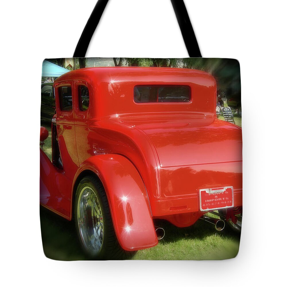 Red Tote Bag featuring the digital art RED - many parts - HOT ROD by Gary Baird