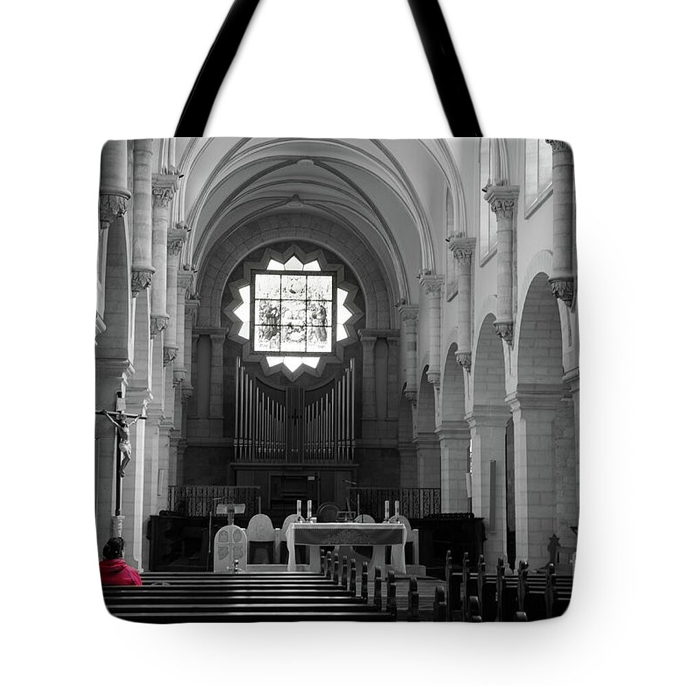 Red Tote Bag featuring the photograph Red and Mono, Church of Bethlehem by Perry Rodriguez