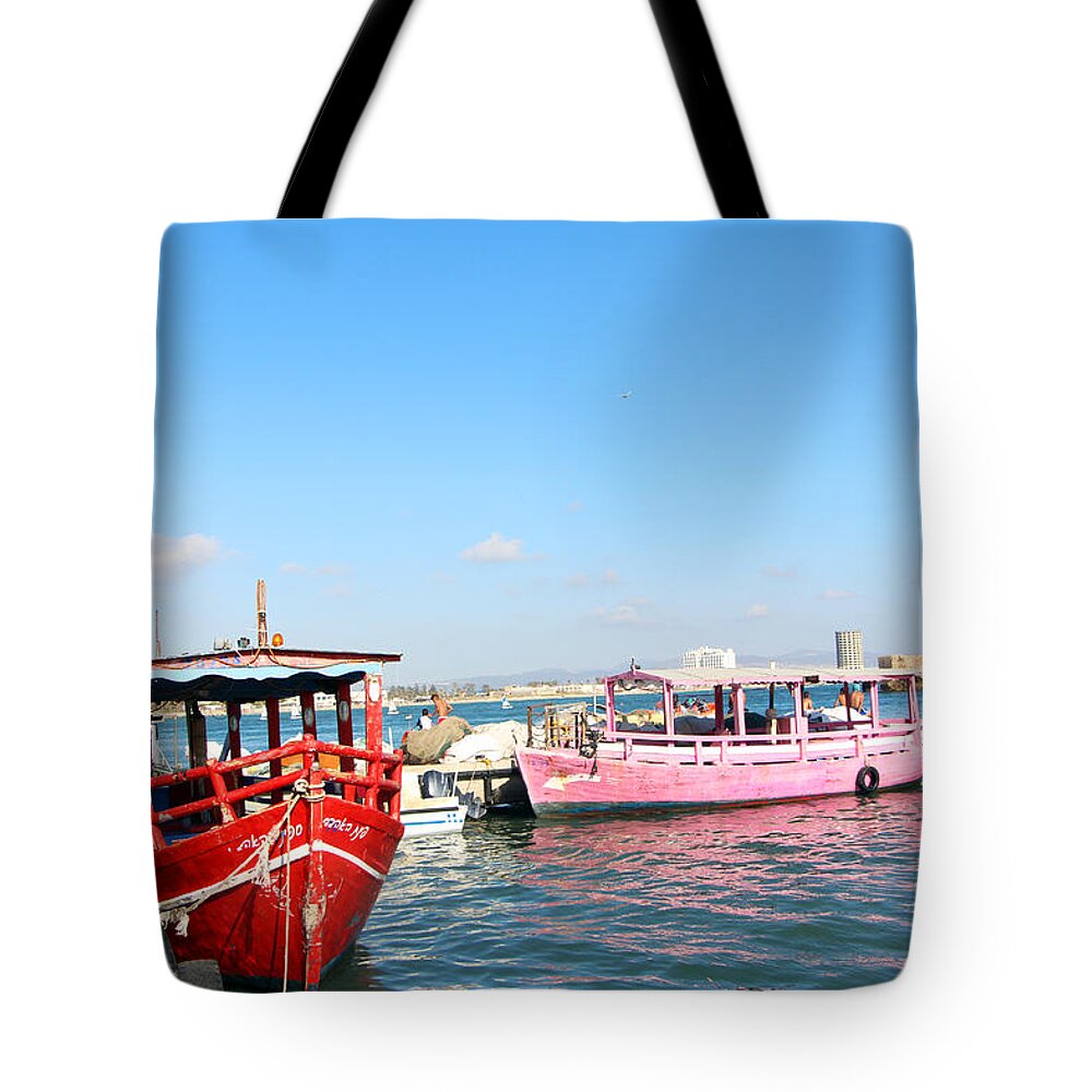 Acre Tote Bag featuring the photograph Red and Pink Boats by Munir Alawi
