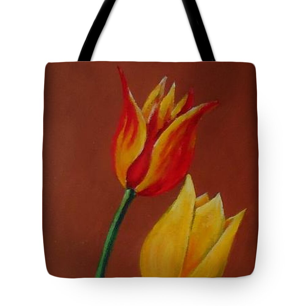 Red Tote Bag featuring the painting Red and Yellow Tulips by Cami Lee