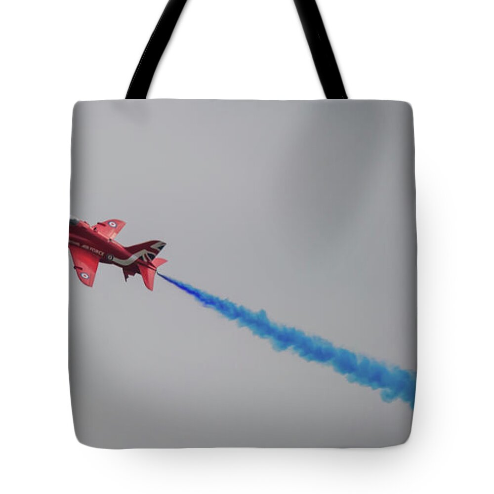 Red Arrows Tote Bag featuring the photograph Red Arrow Blue Smoke - Teesside Airshow 2016 by Scott Lyons