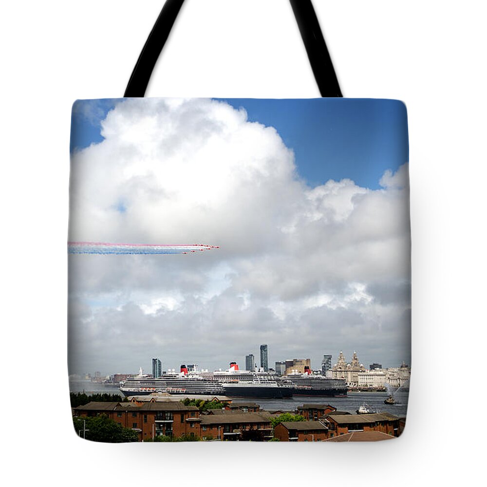 Cunard Tote Bag featuring the photograph Red Arrows and the Three Queens by Spikey Mouse Photography