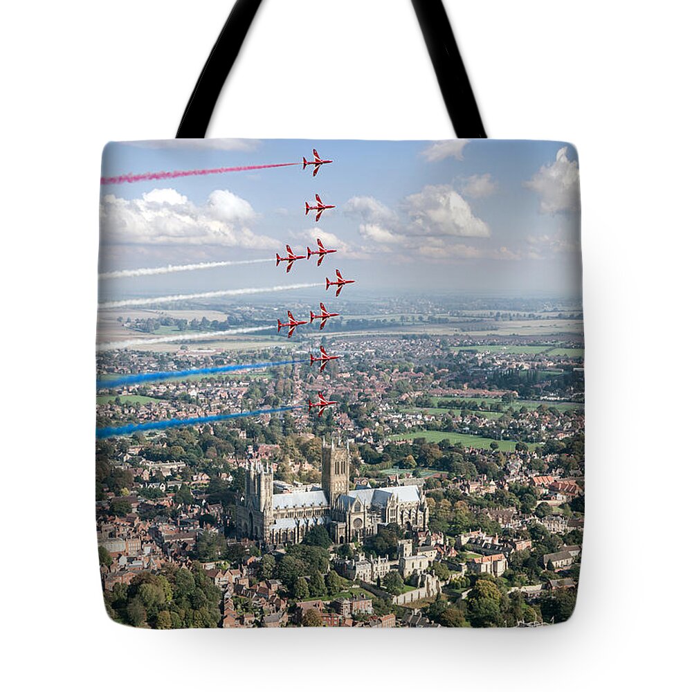 Red Arrows Tote Bag featuring the digital art Red Arrows over Lincoln smoke on by Gary Eason