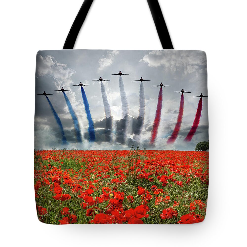 Red Arrows Tote Bag featuring the digital art Red Arrows Poppy Field by Airpower Art