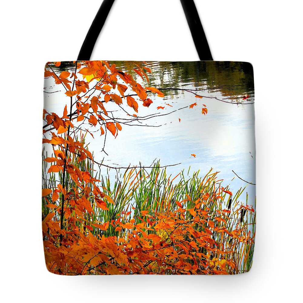 Red Autumn Leaves Reflecting In The Water Tote Bag featuring the painting Red autumn leaves reflecting in the water 3 by Jeelan Clark