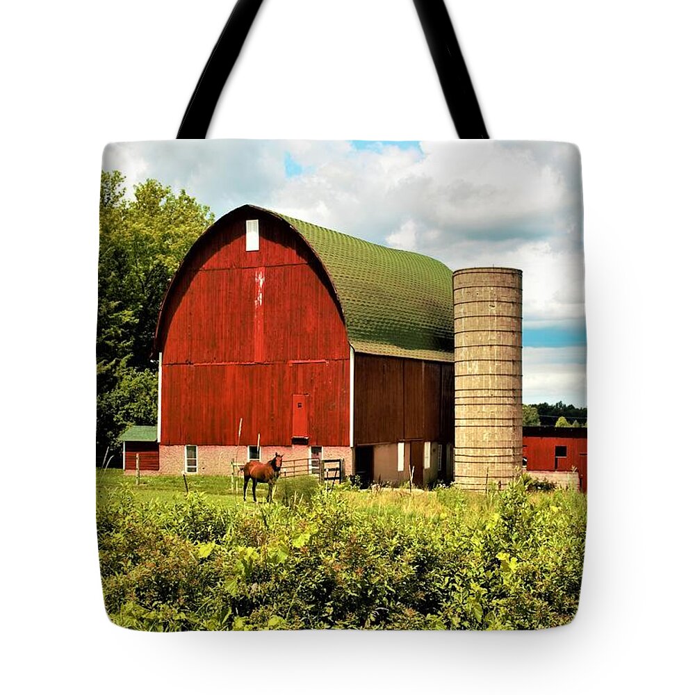Barn Tote Bag featuring the photograph 0040 - Red Barn and Horses by Sheryl L Sutter
