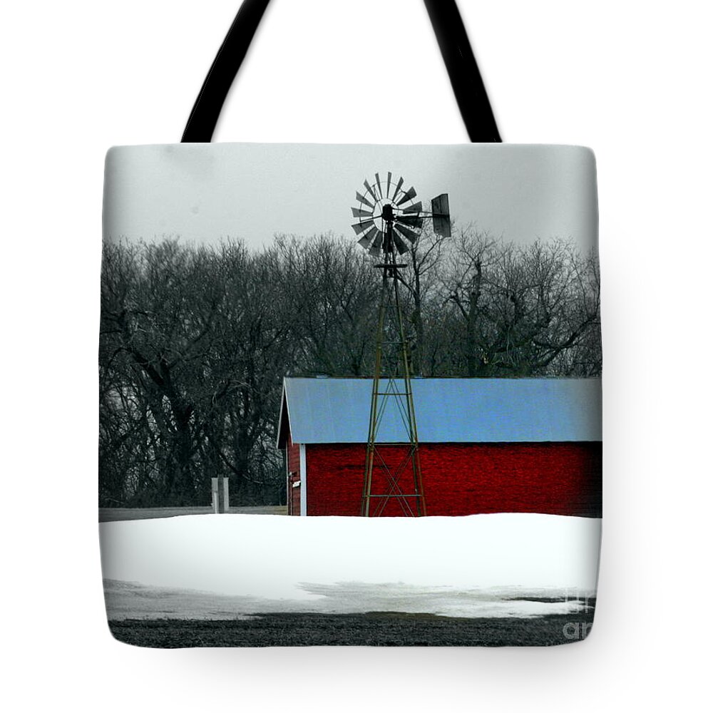 Red Barn Tote Bag featuring the photograph Red Barn and Windmill by Julie Lueders 