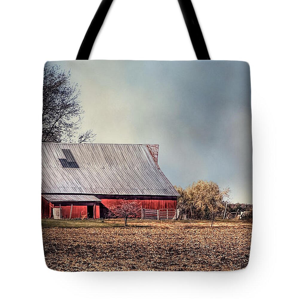 Red Barn Tote Bag featuring the photograph Red Barn In Late Fall by Theresa Campbell