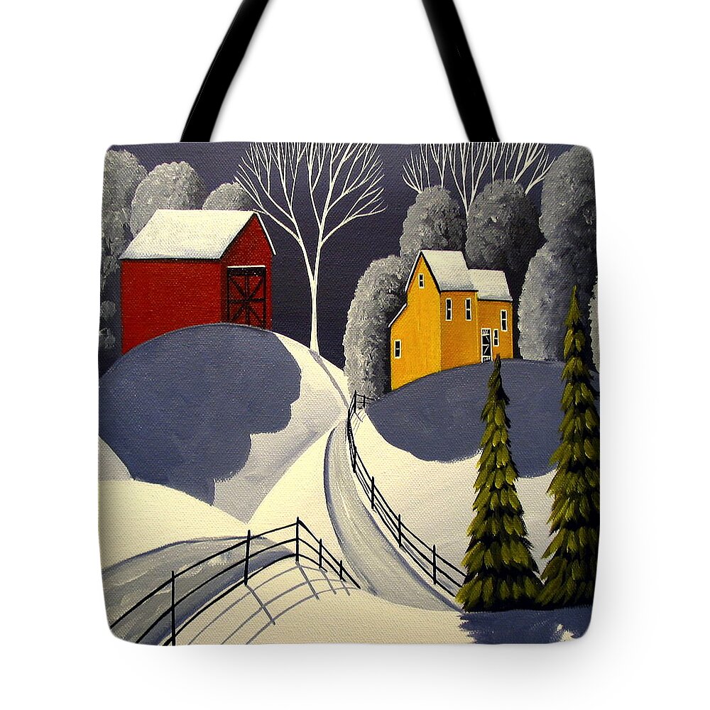 Art Tote Bag featuring the painting Red Barn In Snow by Debbie Criswell