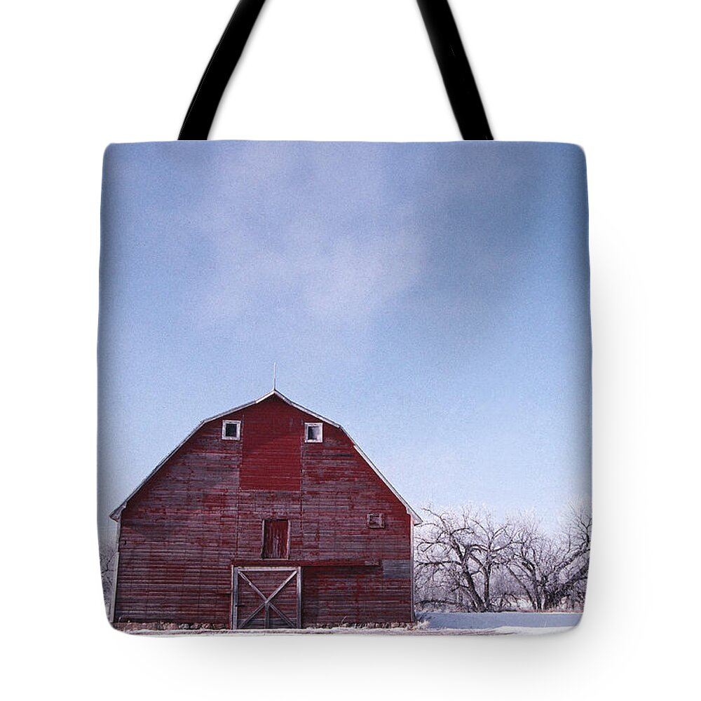 Red Barn On Canadian Border Tote Bag featuring the photograph Red Barn Winter by William Kimble
