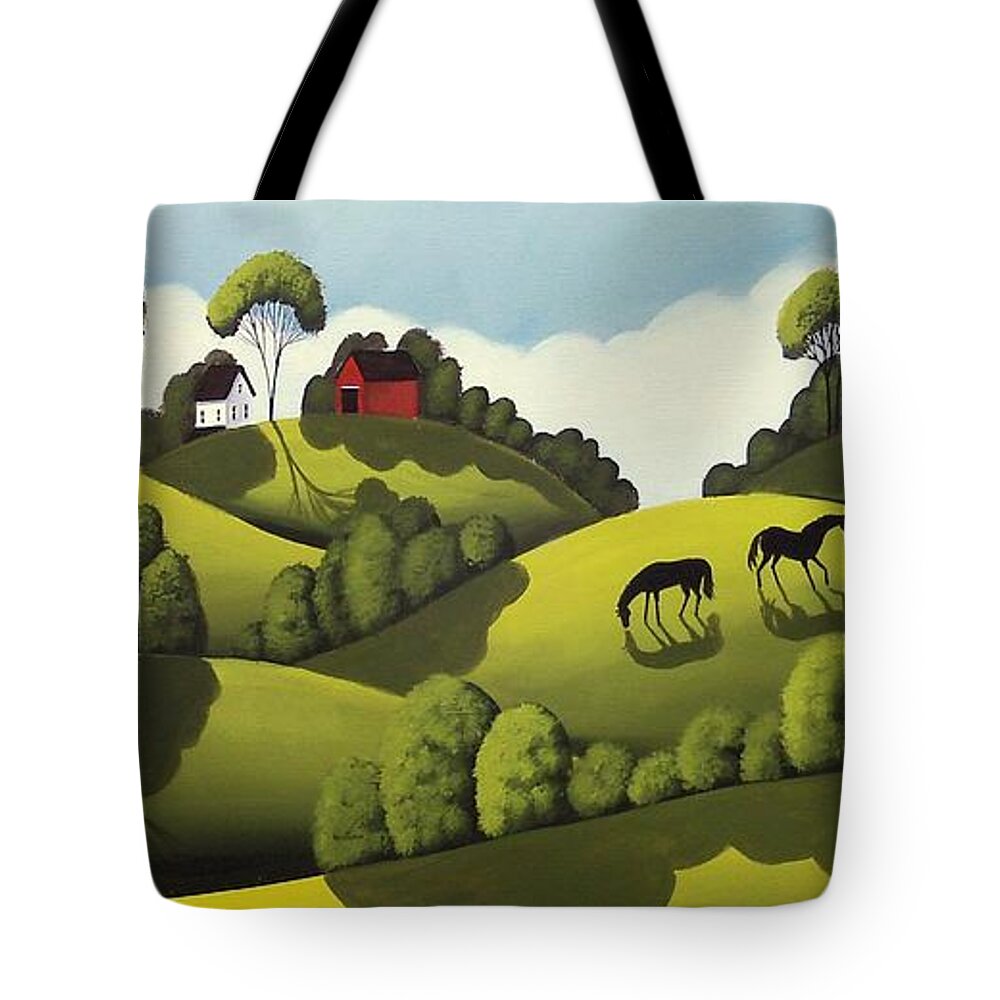 Barn Tote Bag featuring the painting Red Barns - country landscape by Debbie Criswell