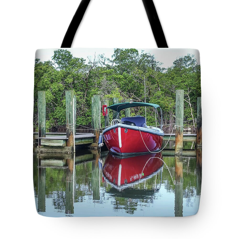 Boat Tote Bag featuring the photograph Red Boat Docked Florida by Edward Fielding