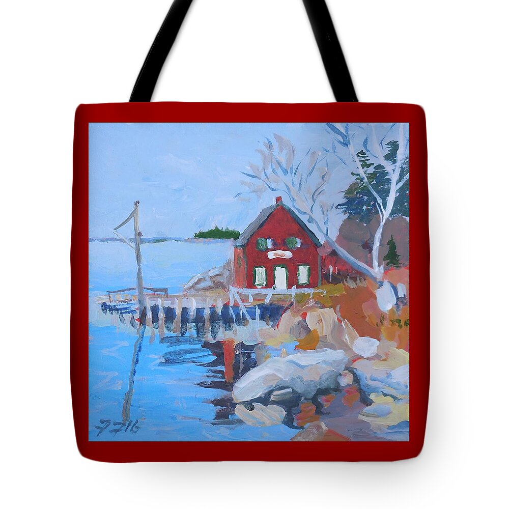 Boat House Tote Bag featuring the painting Red Boat House by Francine Frank