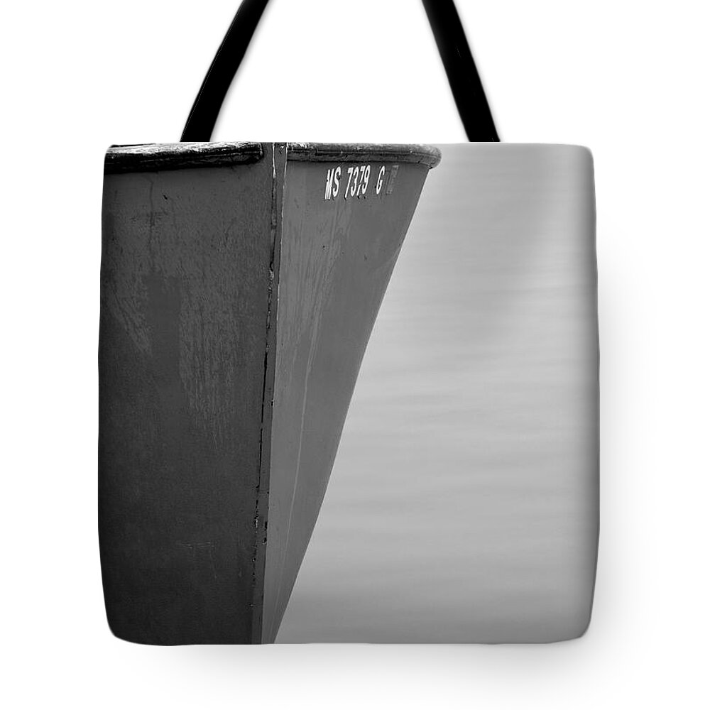 Boat Tote Bag featuring the photograph Red Boat in Black and White by Charles Harden
