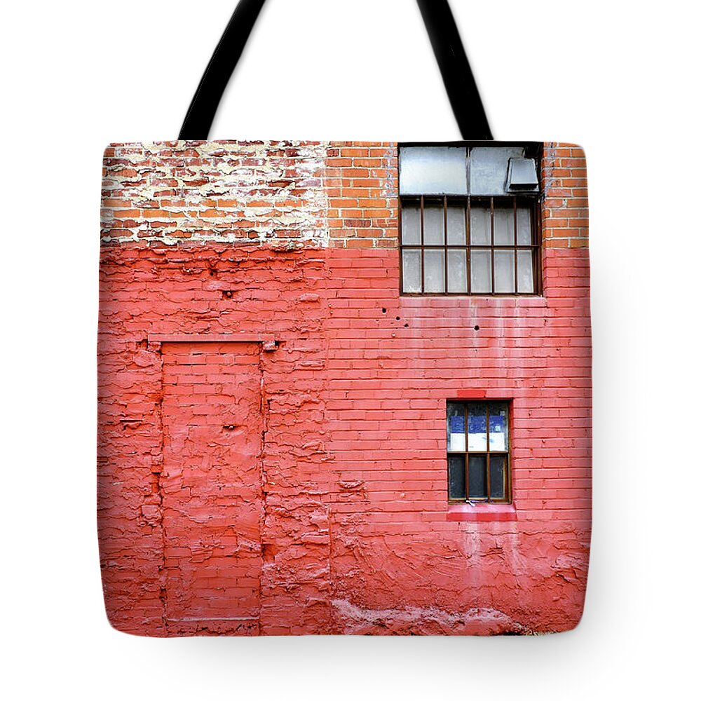 Old Red Brick Wall Tote Bag featuring the photograph Red Brick Wall Downtown Hayward California by Kathy Anselmo