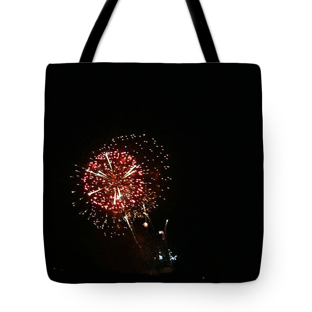 Fireworks Canada Day Lake Water Sky Color Red Gold Yellow Reflection Trees Tote Bag featuring the photograph Red Burst by Andrea Lawrence