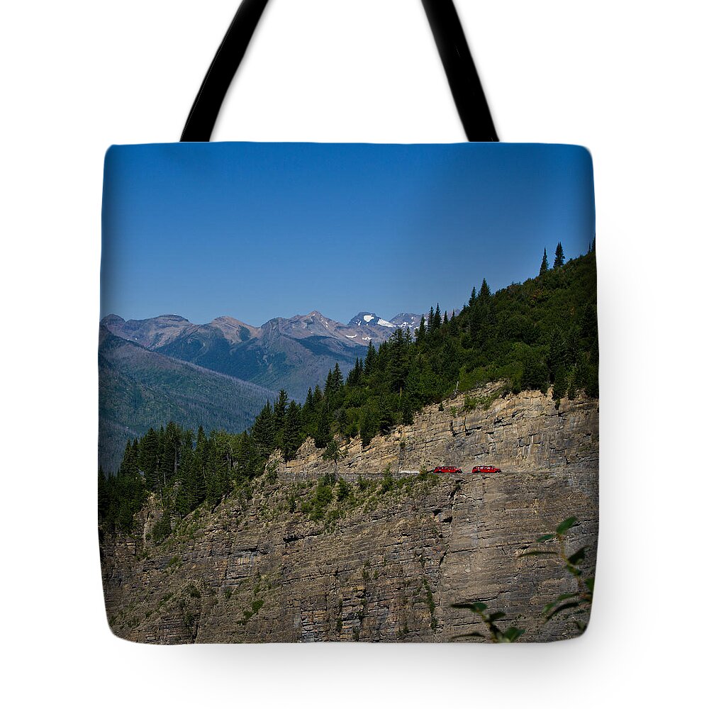 Mountain Tote Bag featuring the photograph Red Buses, Glacier National Park by Jedediah Hohf