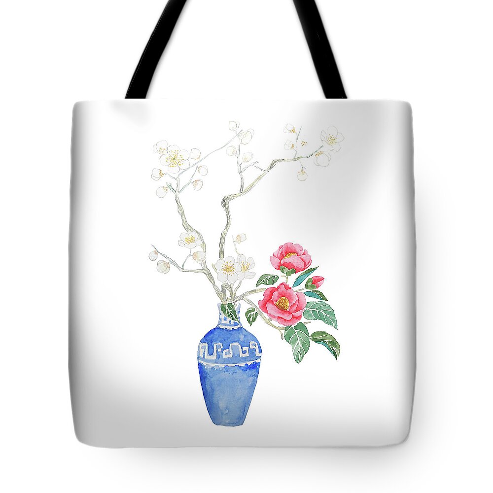Red Camellia Flower Tote Bag featuring the painting Red Camellia Flower And White Plum Flower In Blue Vase by Color Color