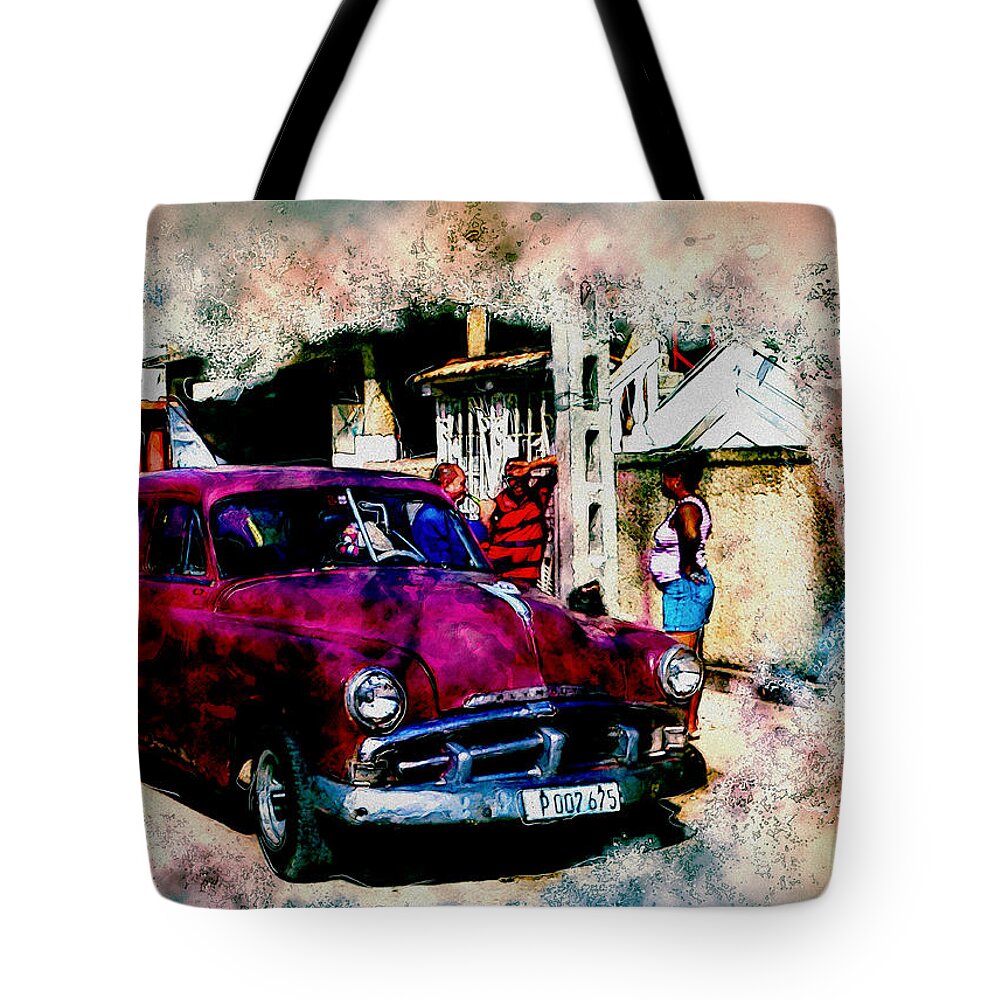 Red Tote Bag featuring the photograph Red Car In Cuba by Thomas Leparskas