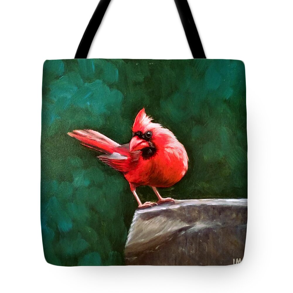 Red Tote Bag featuring the painting Red Cardinal by Linda Merchant