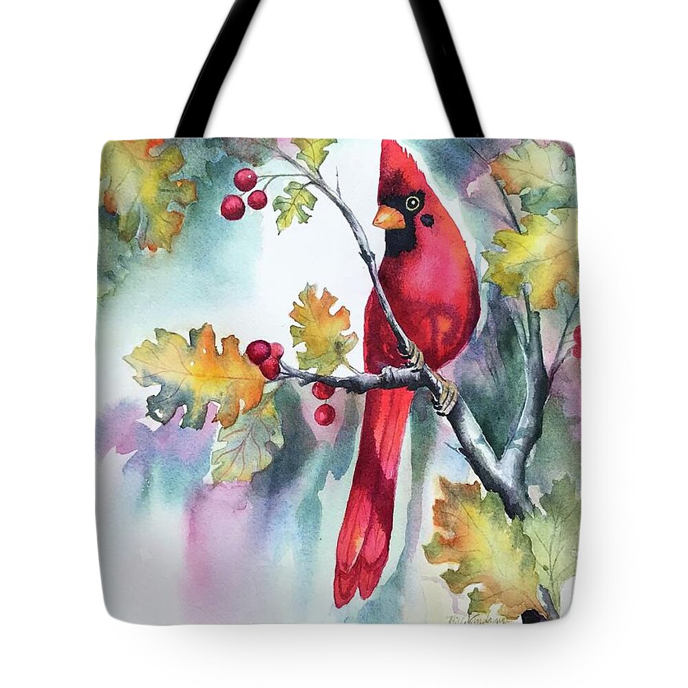 Red Cardinal Tote Bag featuring the painting Red Cardinal with Berries by Hilda Vandergriff