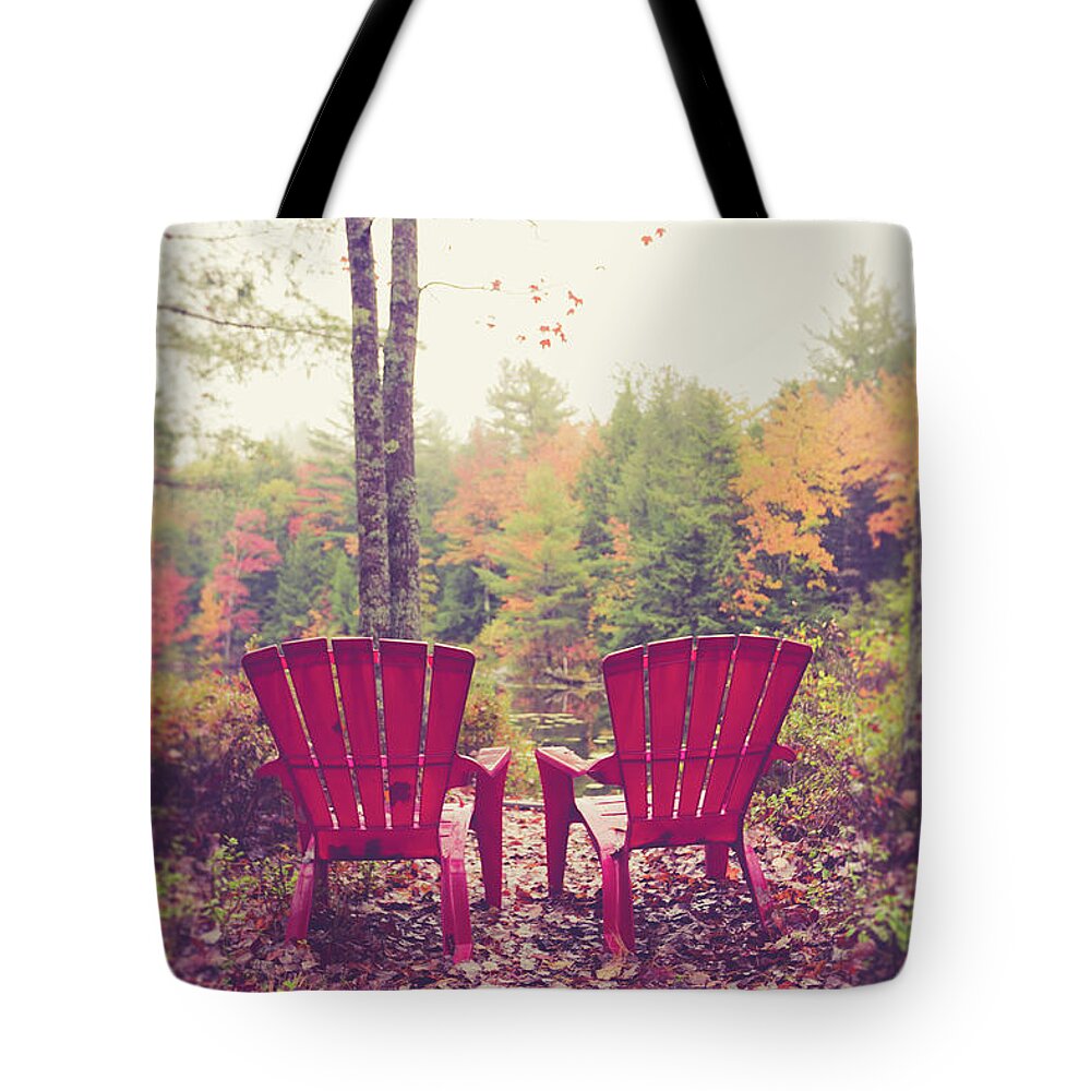 Vermont Tote Bag featuring the photograph Red chairs by the lake by Edward Fielding