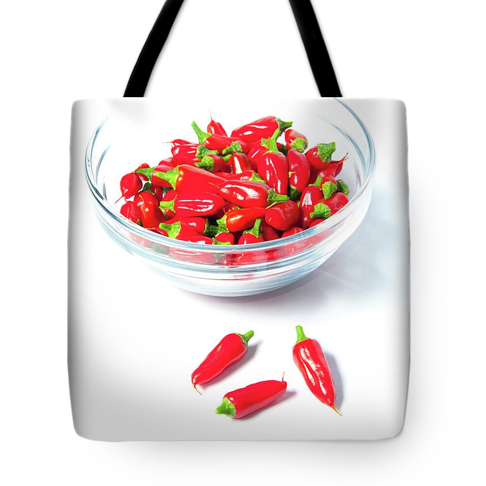 Red Chillies Tote Bag featuring the photograph Red Chillies in a Bowl ii by Helen Jackson