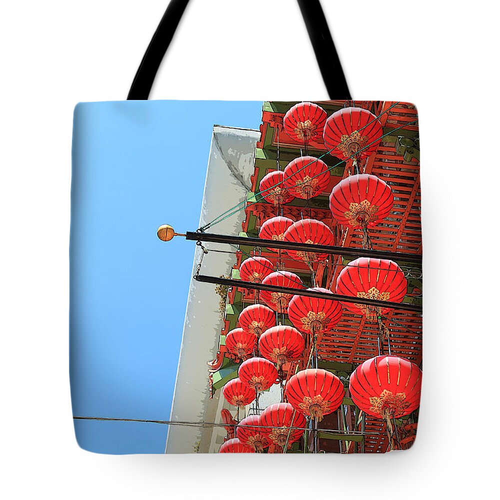 Red Tote Bag featuring the painting Red Chinese Lanterns by Jeanette French