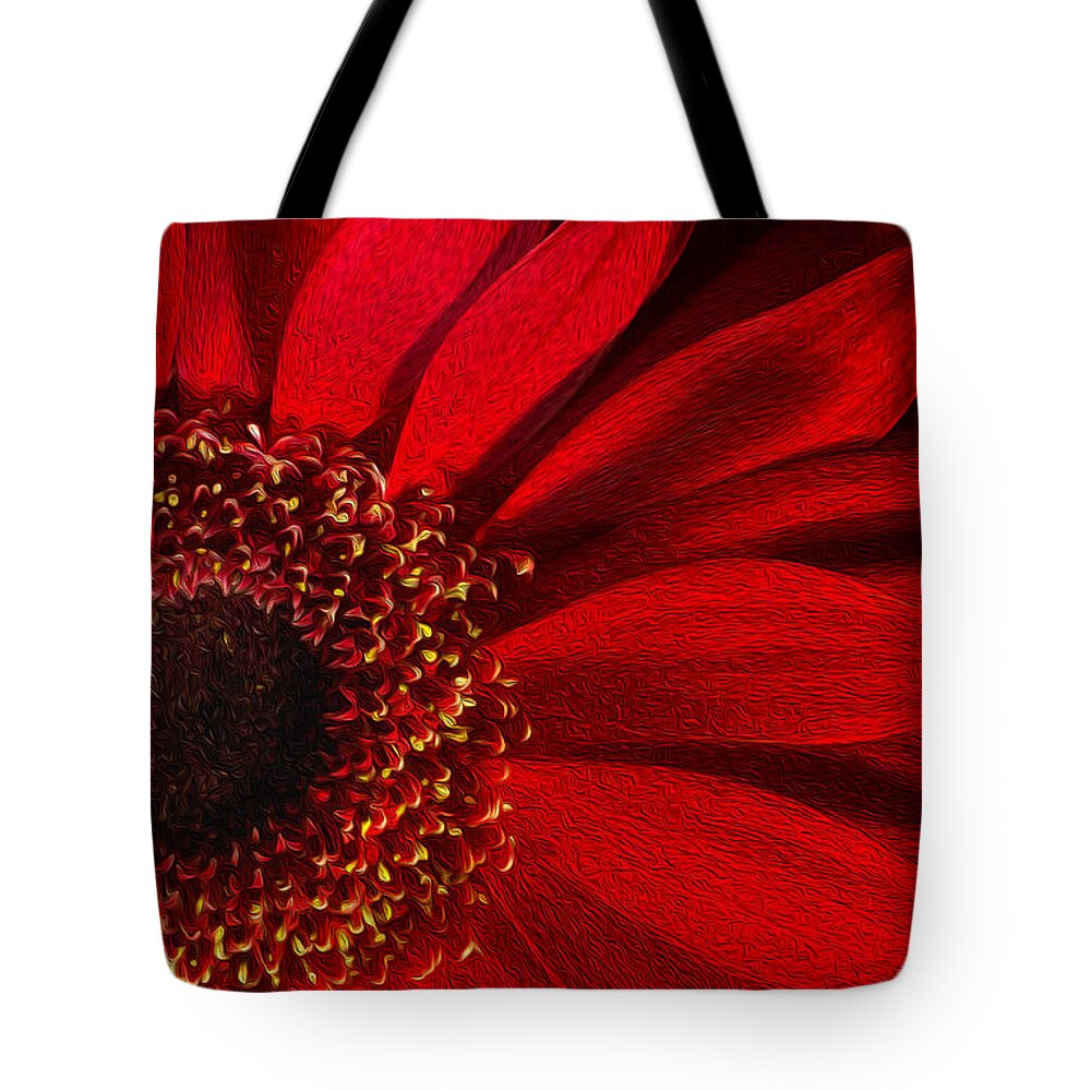 Flower Tote Bag featuring the photograph Red Chrysanthemum Flower Bloom in Oil Painting Fusion by John Williams