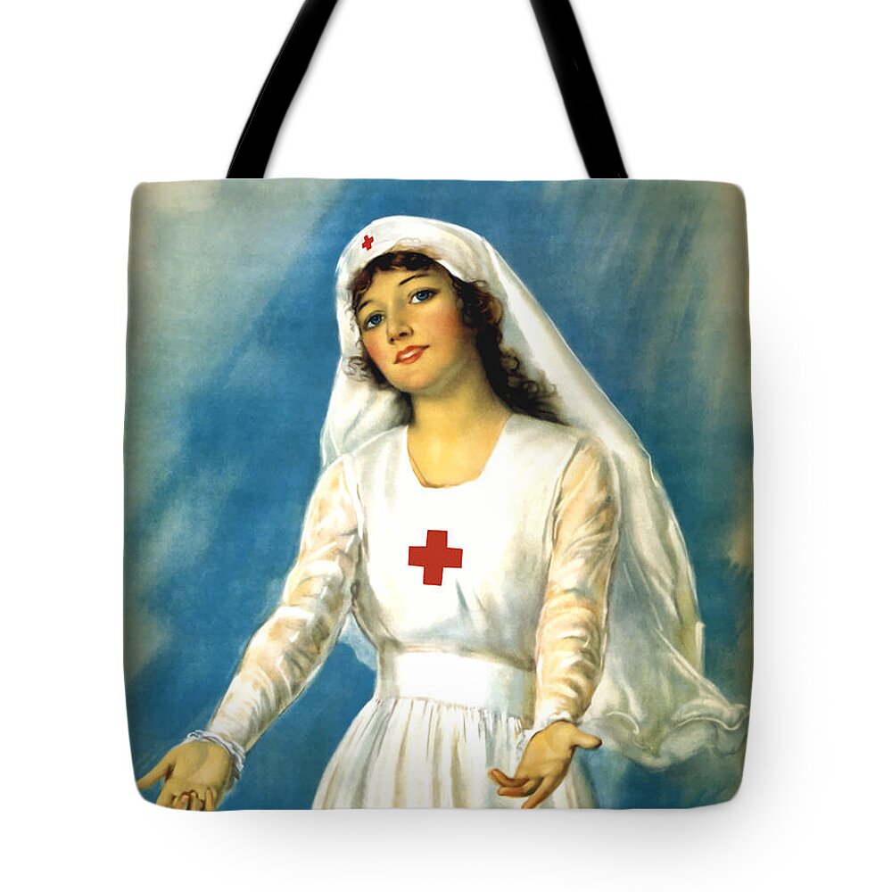 Ww1 Tote Bag featuring the painting Red Cross Nurse - WW1 by War Is Hell Store