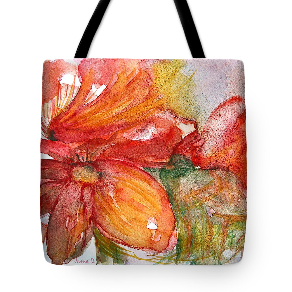Red Flowers Tote Bag featuring the painting Red Dance by Jasna Dragun