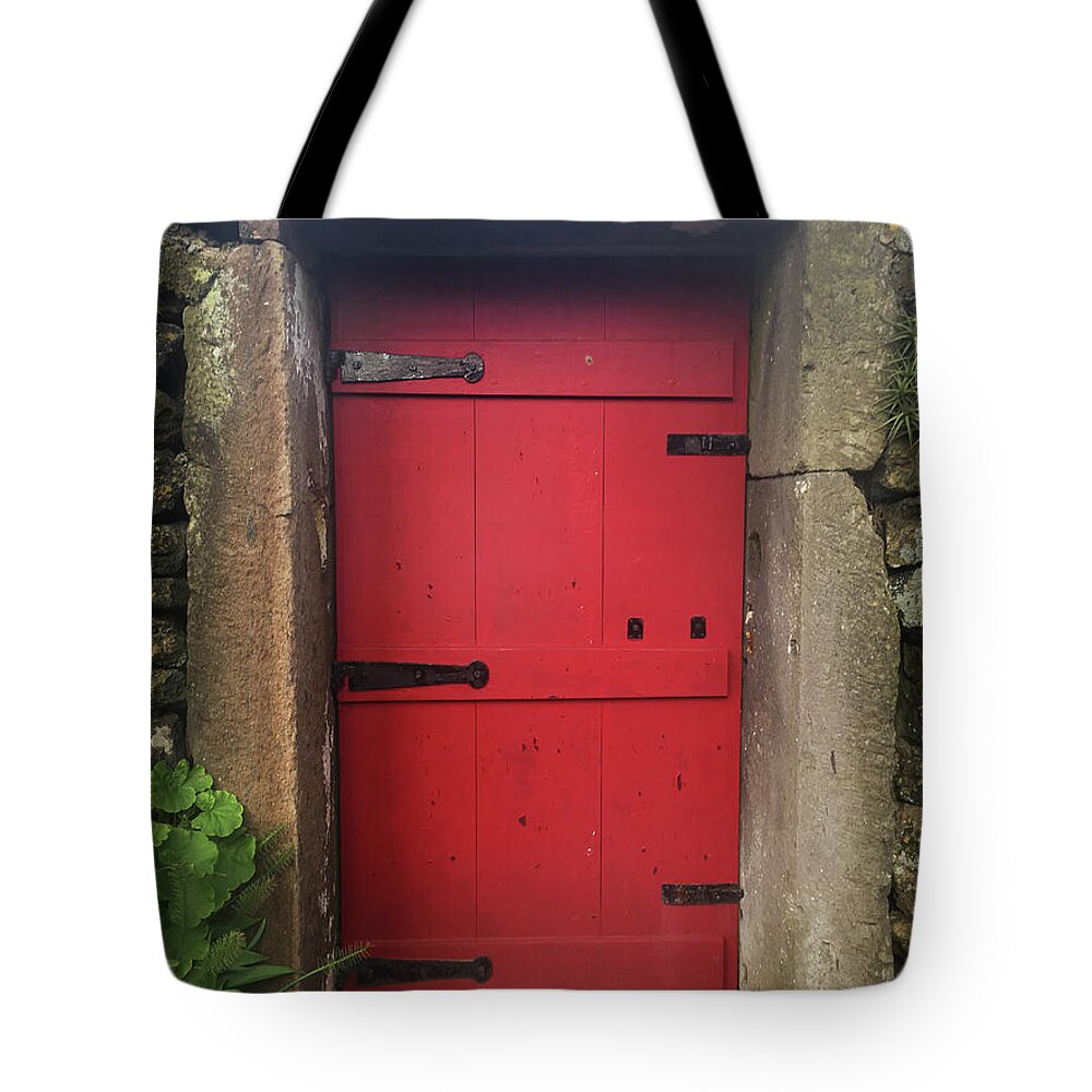Kelly Hazel Tote Bag featuring the photograph Red Door at the Wine Museum of Biscoitos by Kelly Hazel