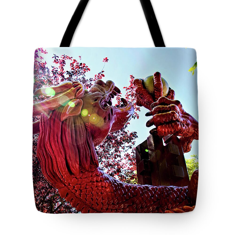 Dragon Tote Bag featuring the photograph Red Dragon in Chinatown - Victoria, British Columbia by Peggy Collins