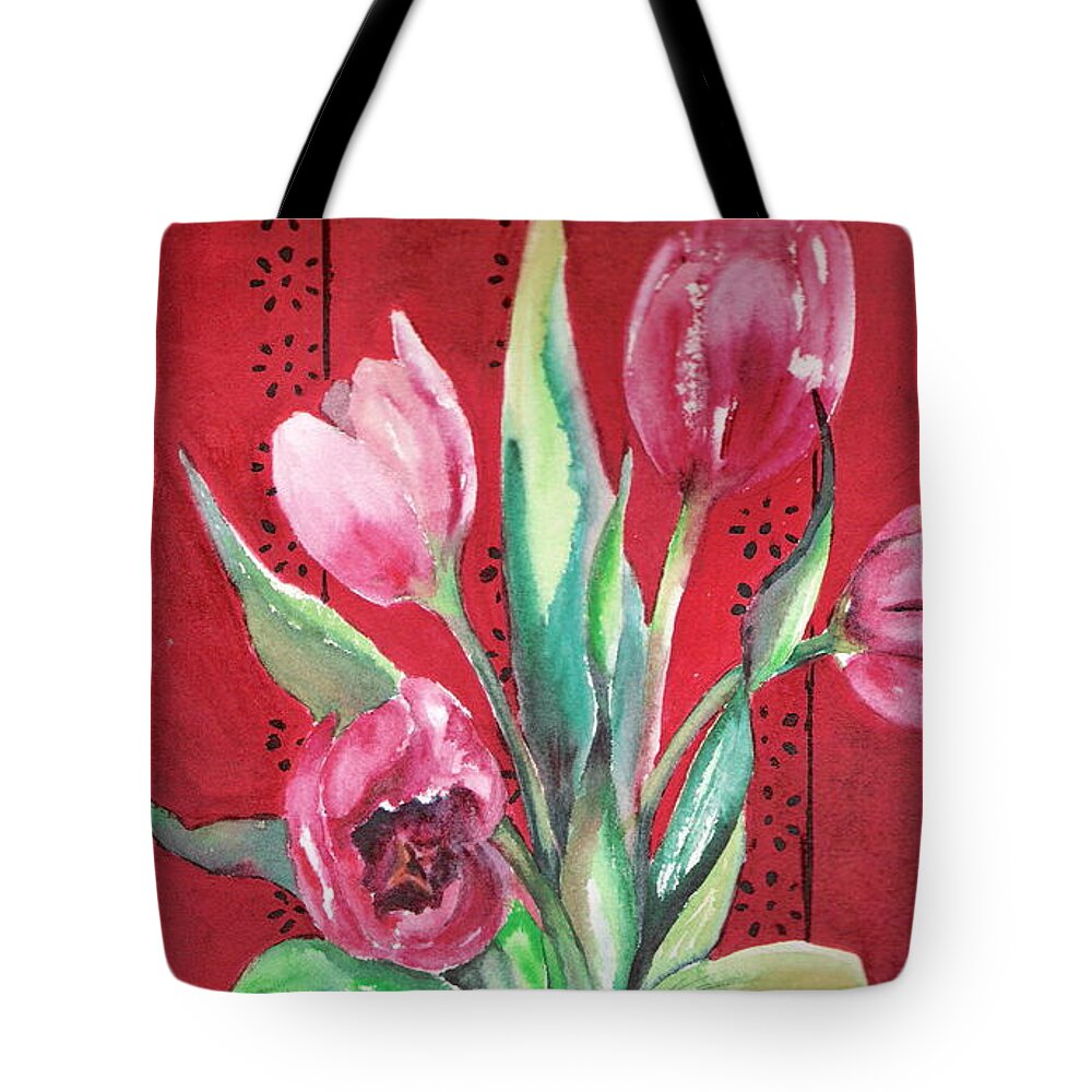 Tulips Tote Bag featuring the painting Red Drama by Marsha Woods