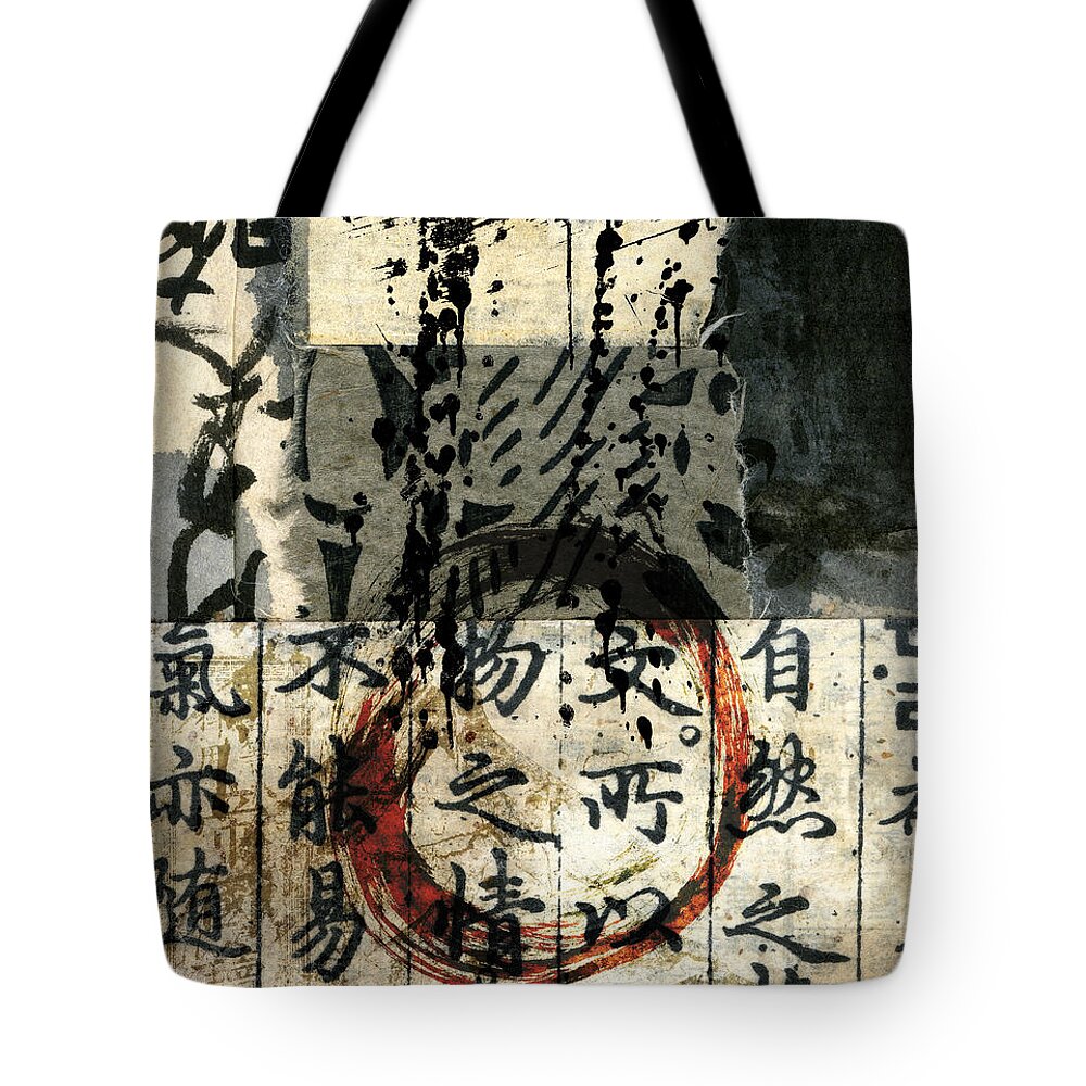 Red Tote Bag featuring the mixed media Red Enso Collage by Carol Leigh