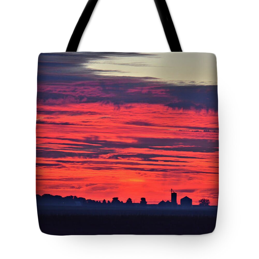Sunlight Tote Bag featuring the photograph Red Farm Sunrise by Bonfire Photography