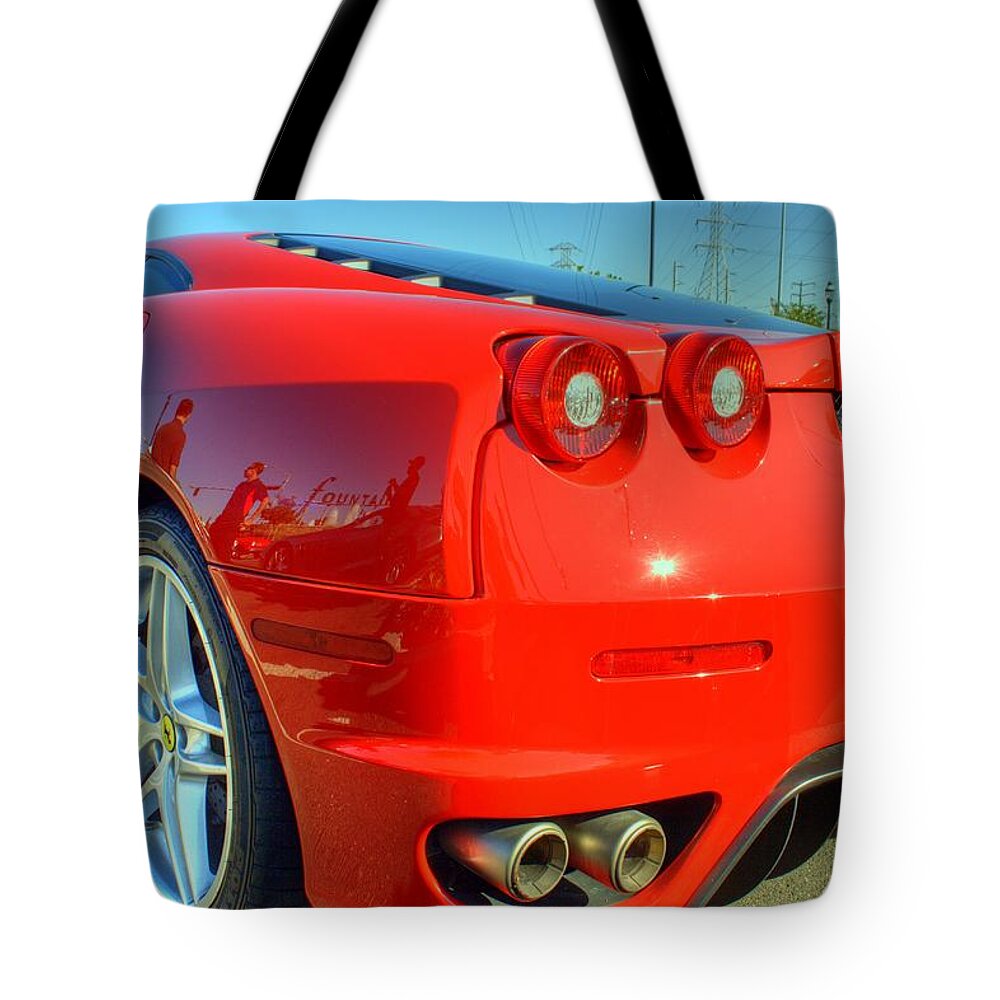 Euro Sunday Tote Bag featuring the photograph Red Ferrari by Randy Wehner