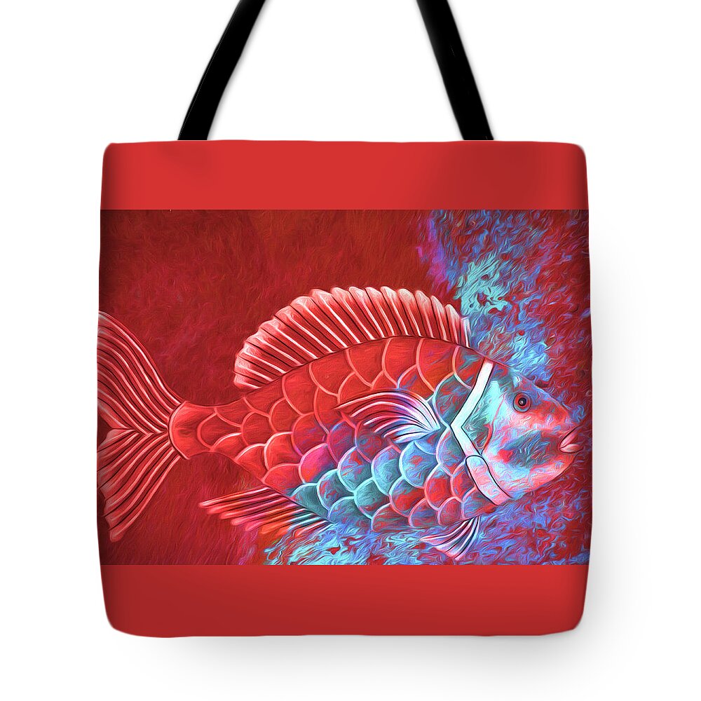 Red Tote Bag featuring the photograph Red Fish Into the Blue by Carol Leigh