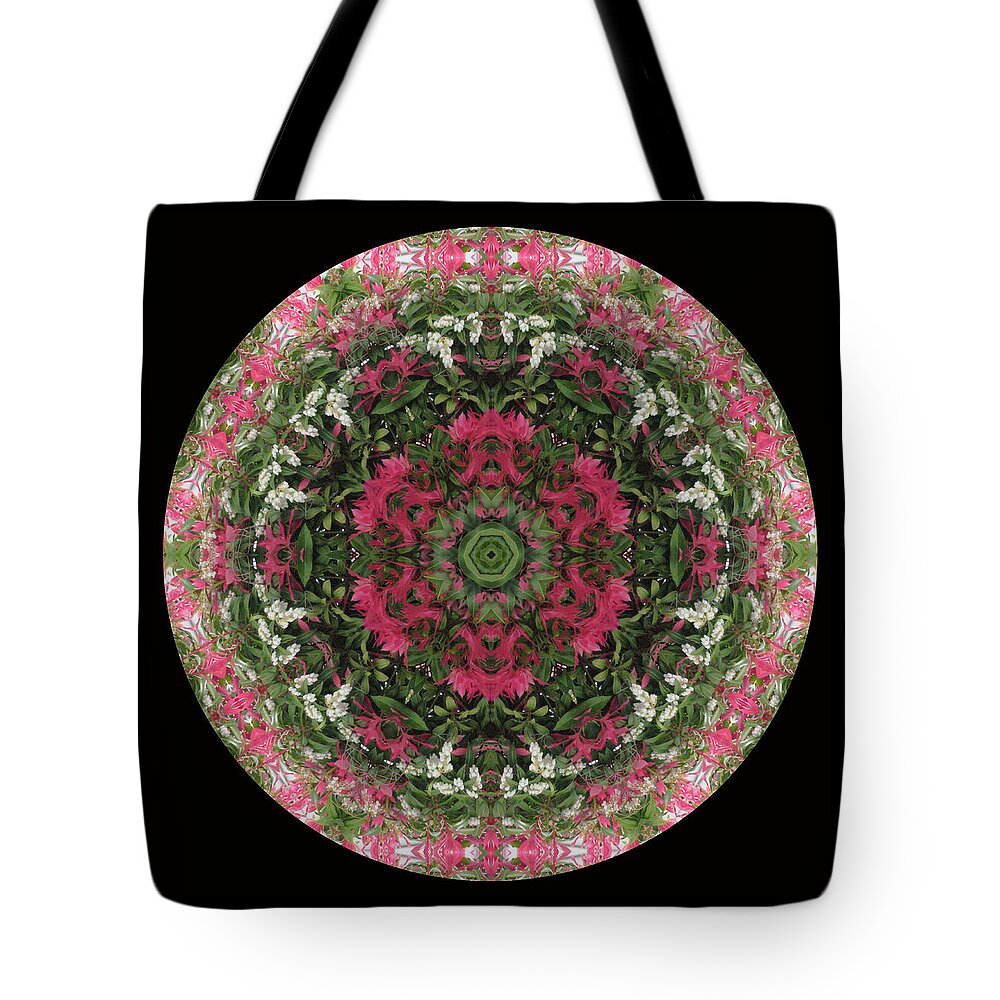 Red Flowers Tote Bag featuring the digital art Red Flower Faces Kaleidoscope by Julia L Wright