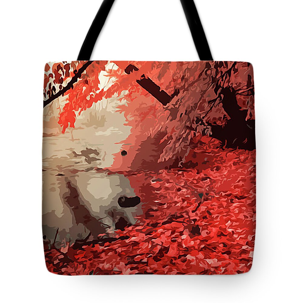 Red Tote Bag featuring the painting Red Forest in Autumn by AM FineArtPrints