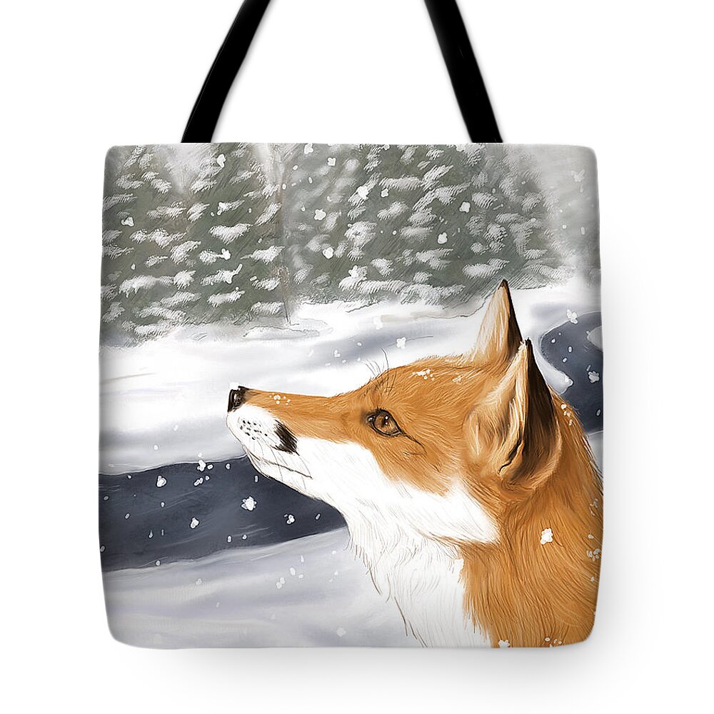 Fox Tote Bag featuring the digital art Red Fox in Snow by Brandy Woods