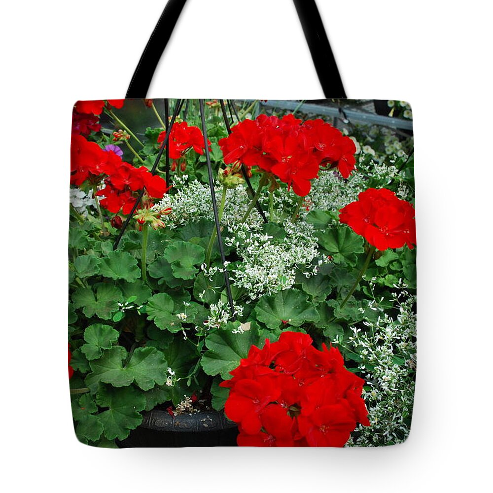 Red Tote Bag featuring the photograph Red Geraniums by Ee Photography