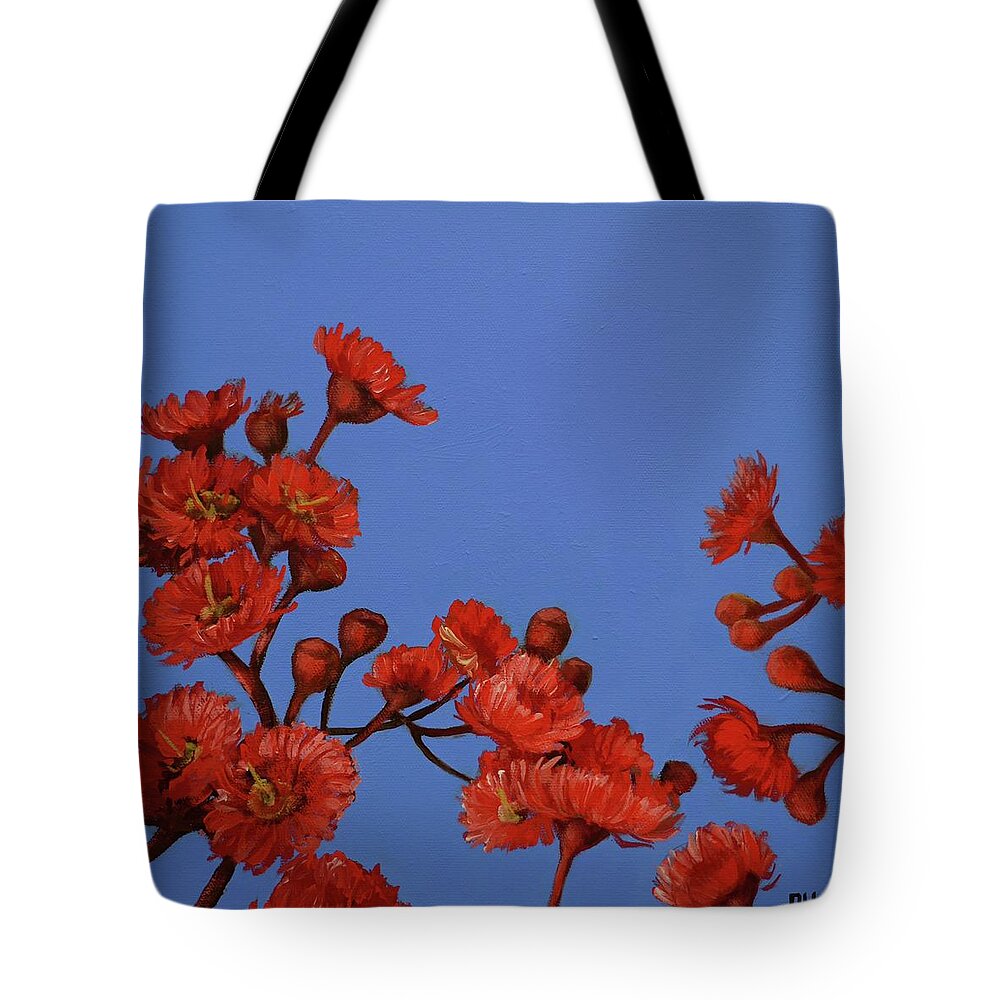 Red Gum Blosssoms Tote Bag featuring the painting Red Gum Blossoms by Chris Hobel