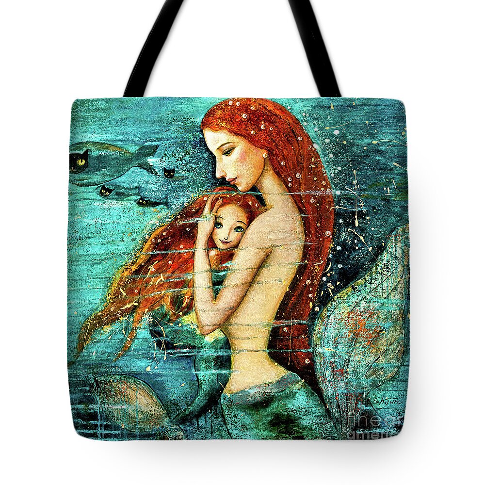 Mermaid Art Tote Bag featuring the painting Red Hair Mermaid Mother and Child by Shijun Munns