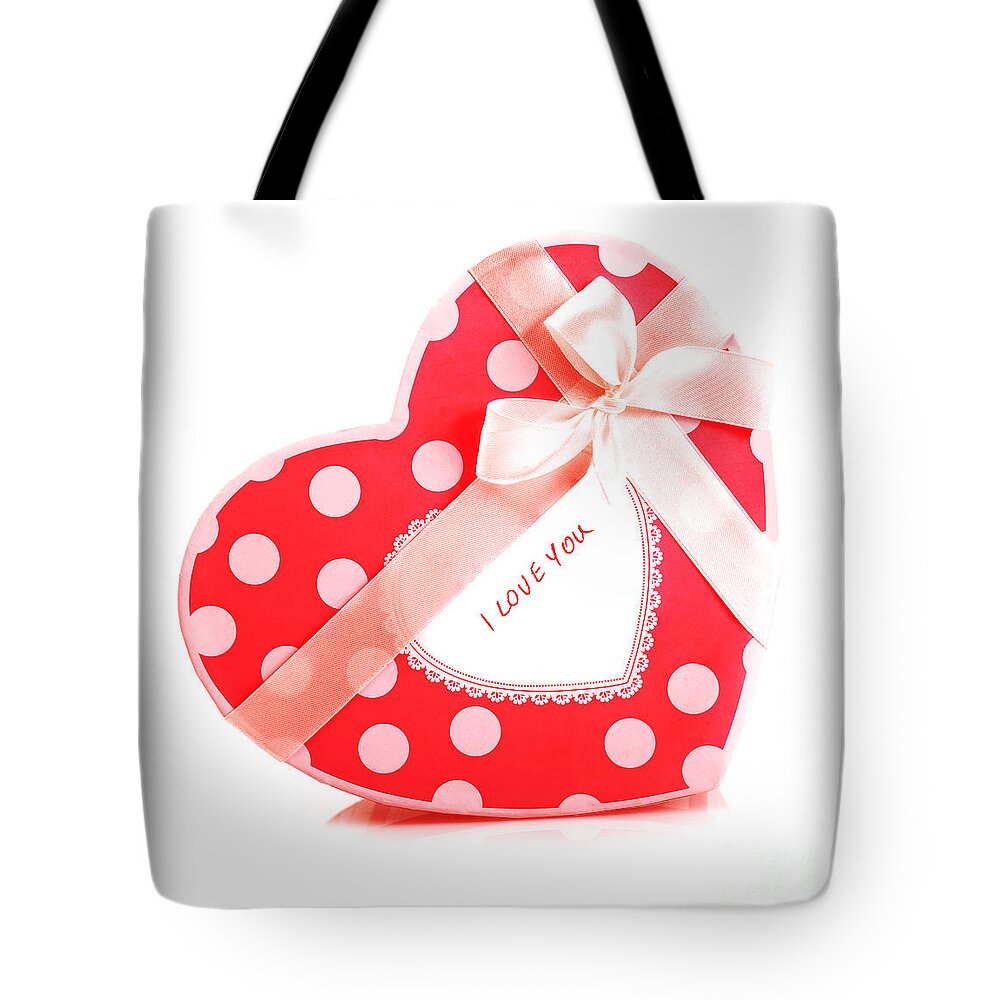 Affection Tote Bag featuring the photograph Red heart-shaped gift box by Anna Om
