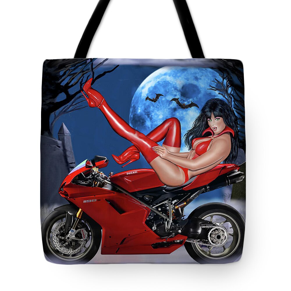 Female Vampire Tote Bag featuring the digital art Red Hot Rider by Glenn Holbrook